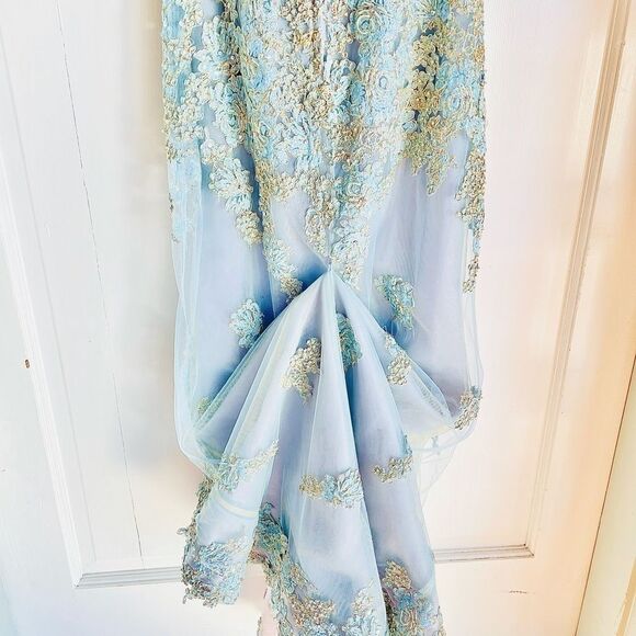 Jovani Baby Light Blue Gold Corset Slit Strapless Gown - Picture 7 of 12